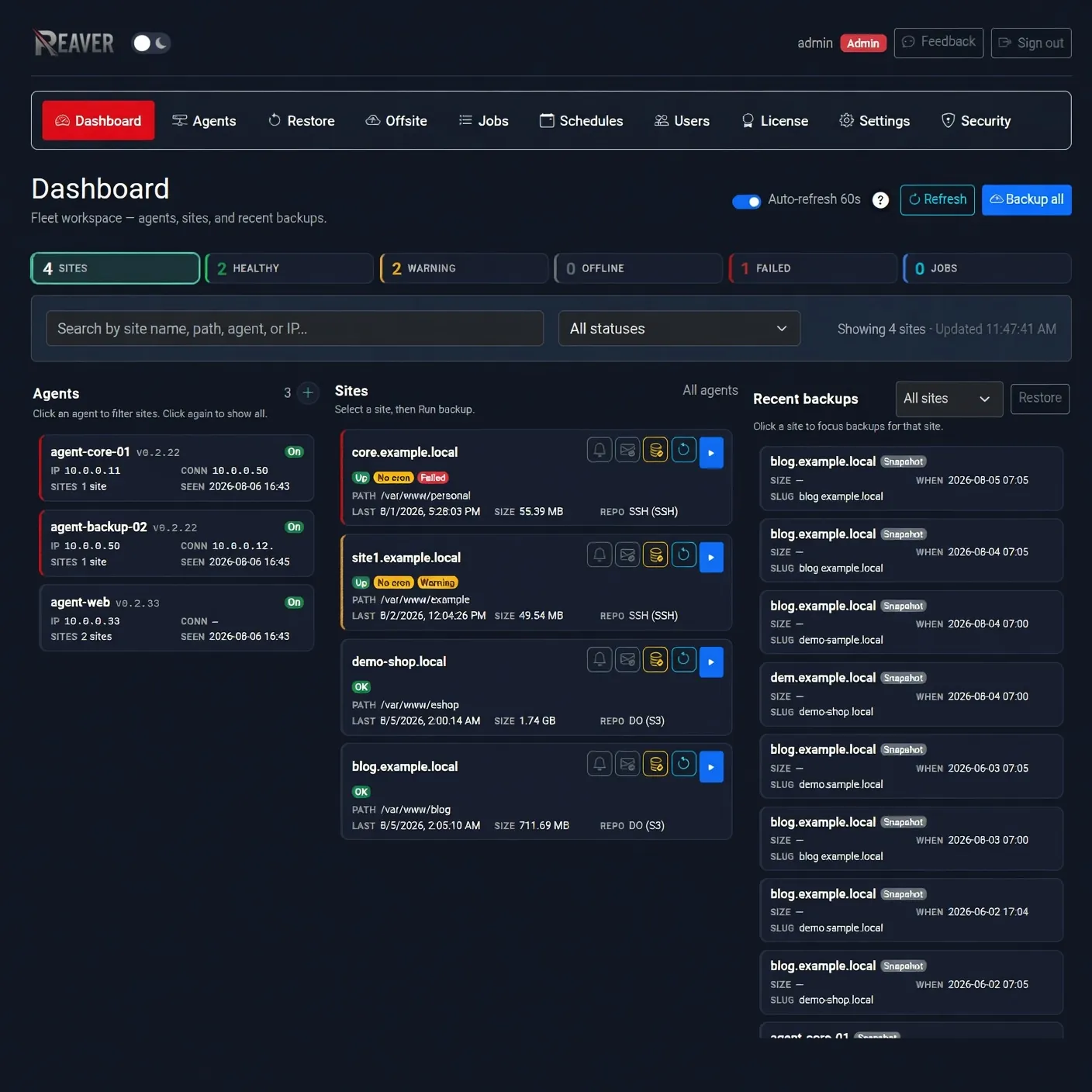 Reaver dashboard — schedule and restore site backups from one UI